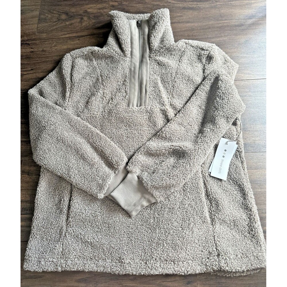 Three Dots Womens Mock-Neck Fleece Half-Zip Sweatshirt PulloverAsh Latte Brown S